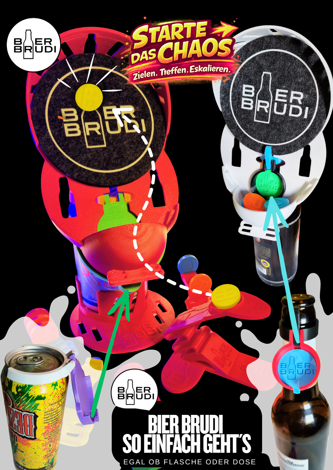Party Trinkspiel Bier Brudi im Einsatz mit Katapult und Zielscheibe