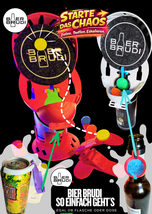 Party Trinkspiel Bier Brudi im Einsatz mit Katapult und Zielscheibe