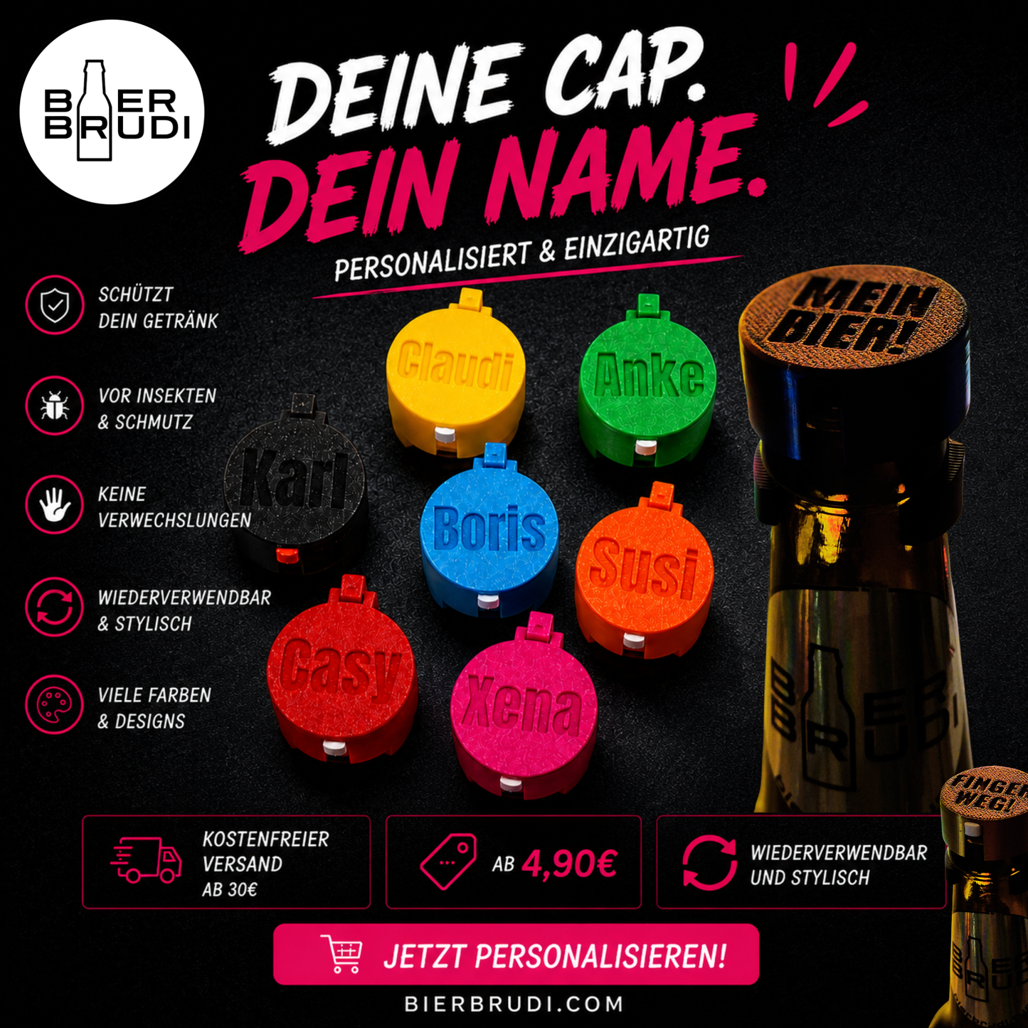 Personalisierter Getränkeschutz für Flaschen von Bier Brudi mit Namen in verschiedenen Farben