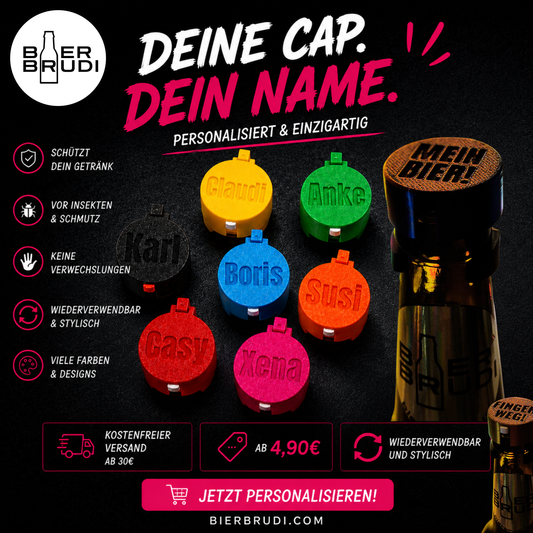 Personalisierter Getränkeschutz für Flaschen von Bier Brudi mit Namen in verschiedenen Farben