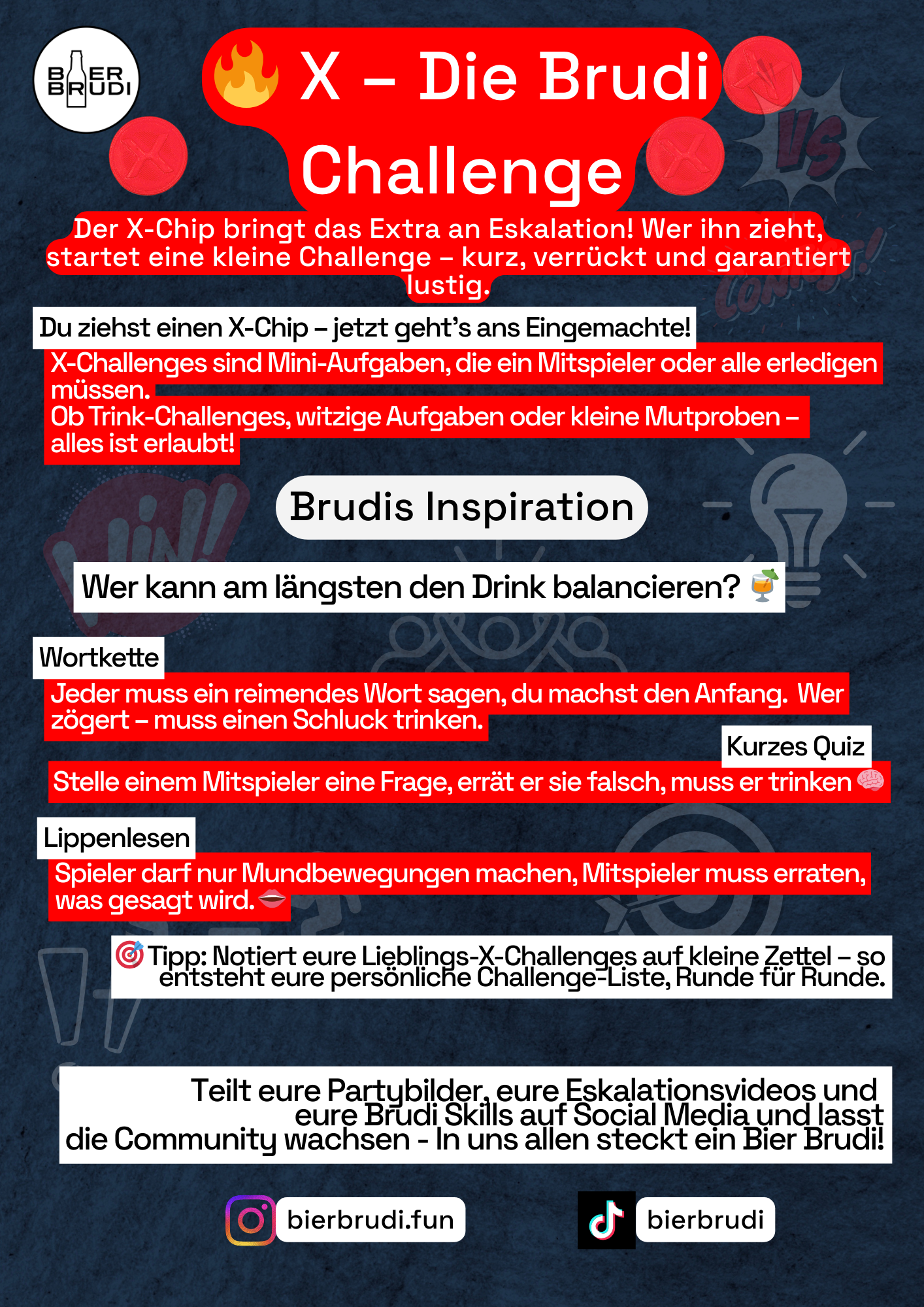 Bier Brudi Challenge Kategorie Chip mit Aufgaben und Herausforderungen