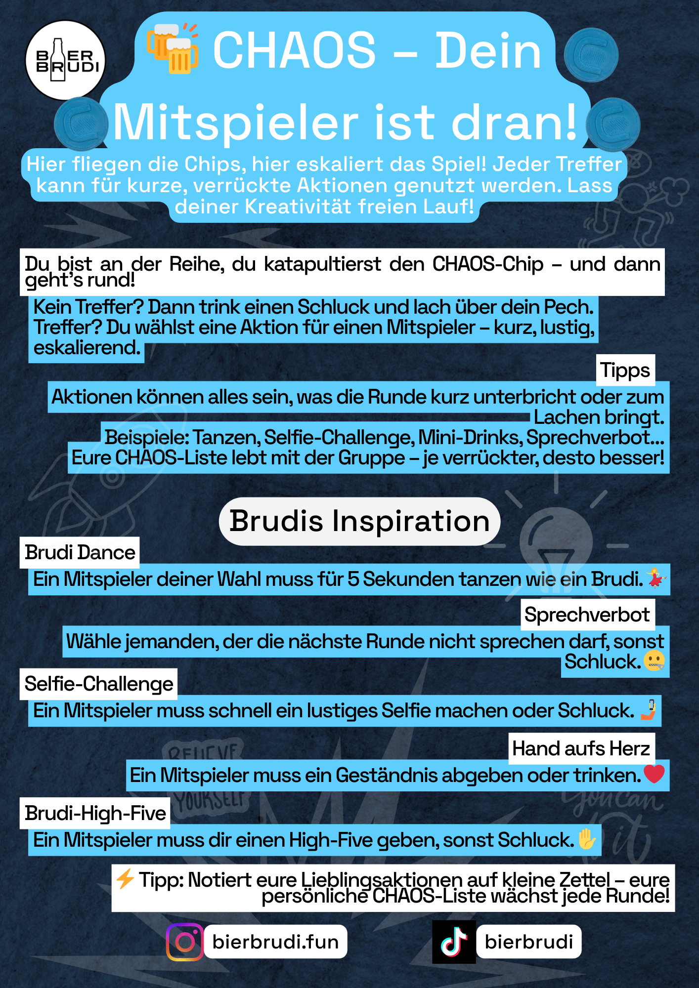 Bier Brudi Chaos Kategorie Chip mit verrückten Aktionen im Trinkspiel