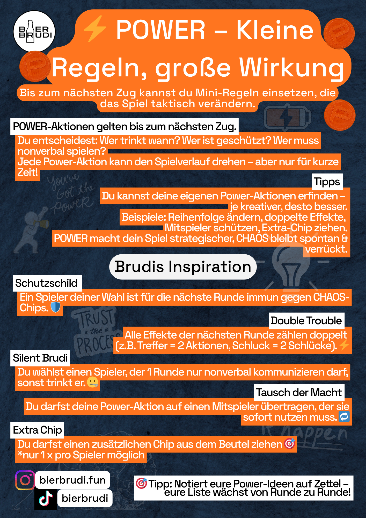 Bier Brudi Power Kategorie Chip mit starken Aktionen für das Trinkspiel