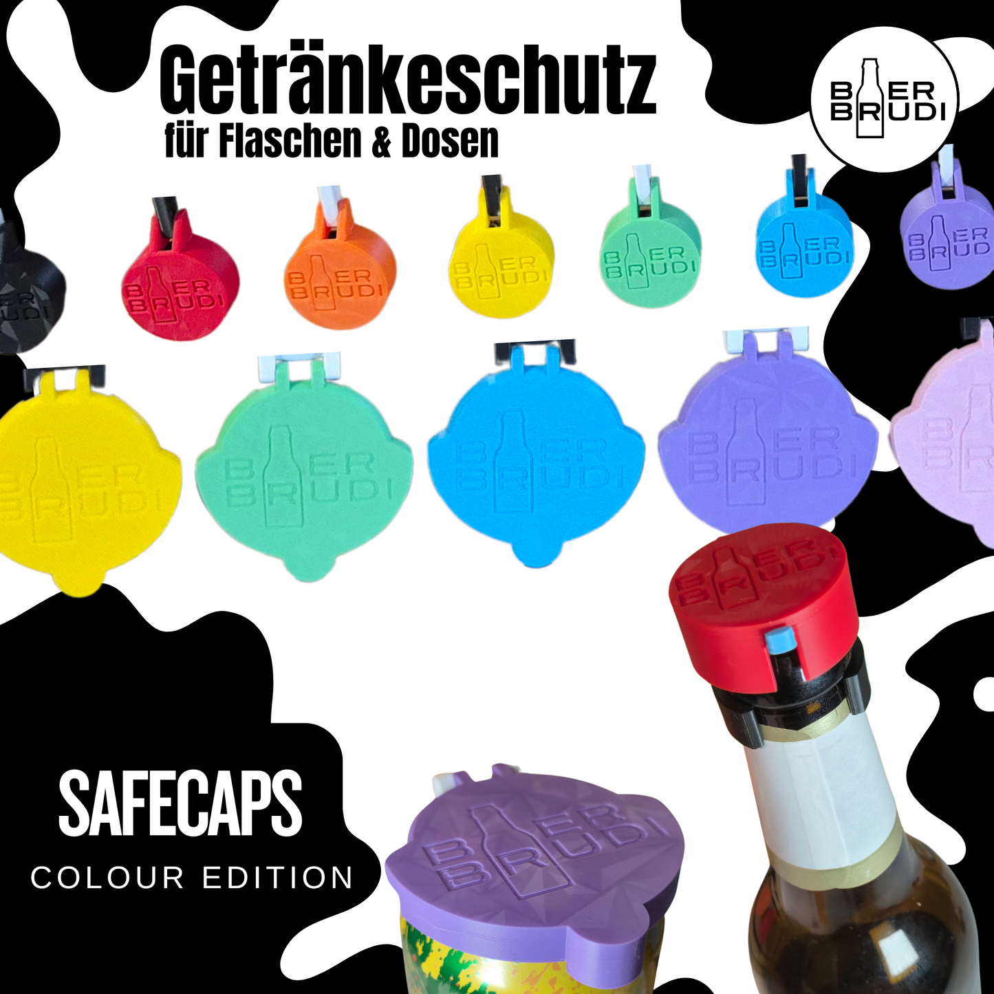Dein cooler bunter Getränkeschutz für Flaschen und Dosen. Das sind die Bier Brudi SafeCaps.