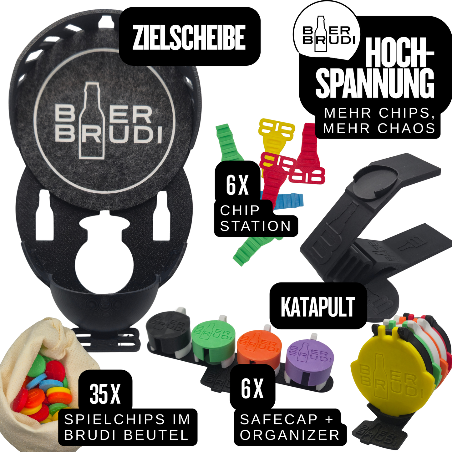 Bier Brudi Hochspannung Trinkspiel für bis zu 6 Personen mit Zubehör und SafeCaps