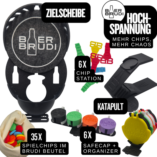 Bier Brudi Hochspannung Trinkspiel für bis zu 6 Personen mit Zubehör und SafeCaps