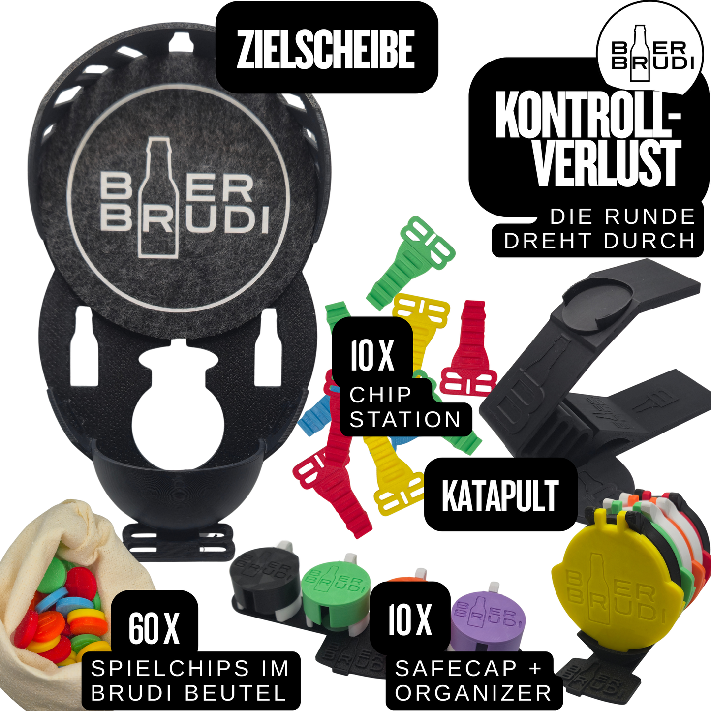 Bier Brudi Kontrollverlust Trinkspiel für 6 bis 10 Personen mit SafeCaps und Zubehör