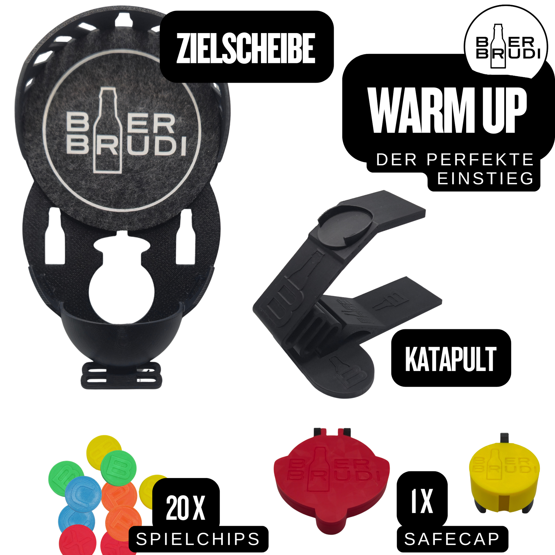 Bier Brudi Warm Up Trinkspiel Starter Set mit SafeCap, Katapult und Zielscheibe