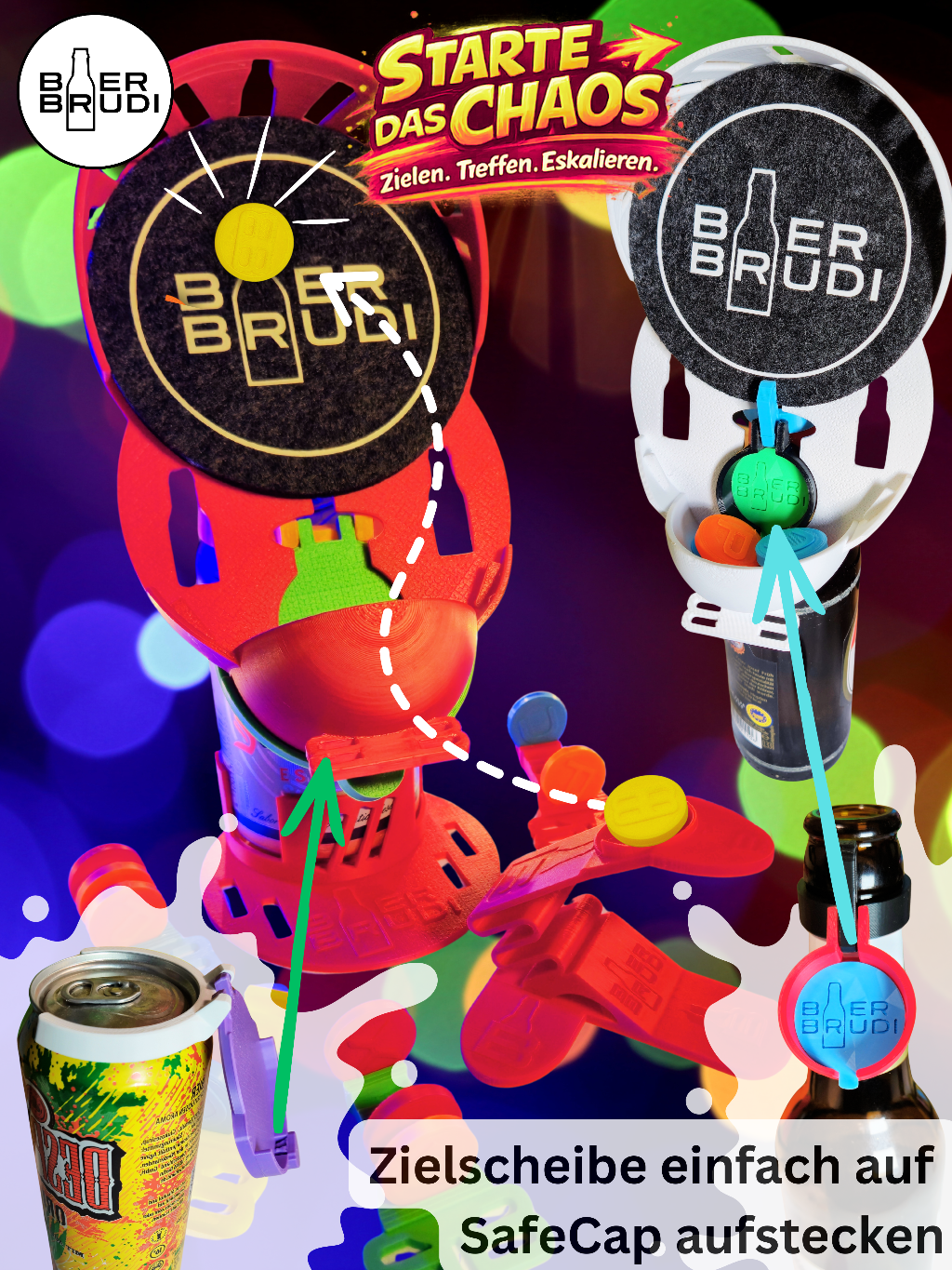 Zielscheibe einfach auf dein SafeCap aufstecken und das Bier Brudi Party Trinkspiel kann starten