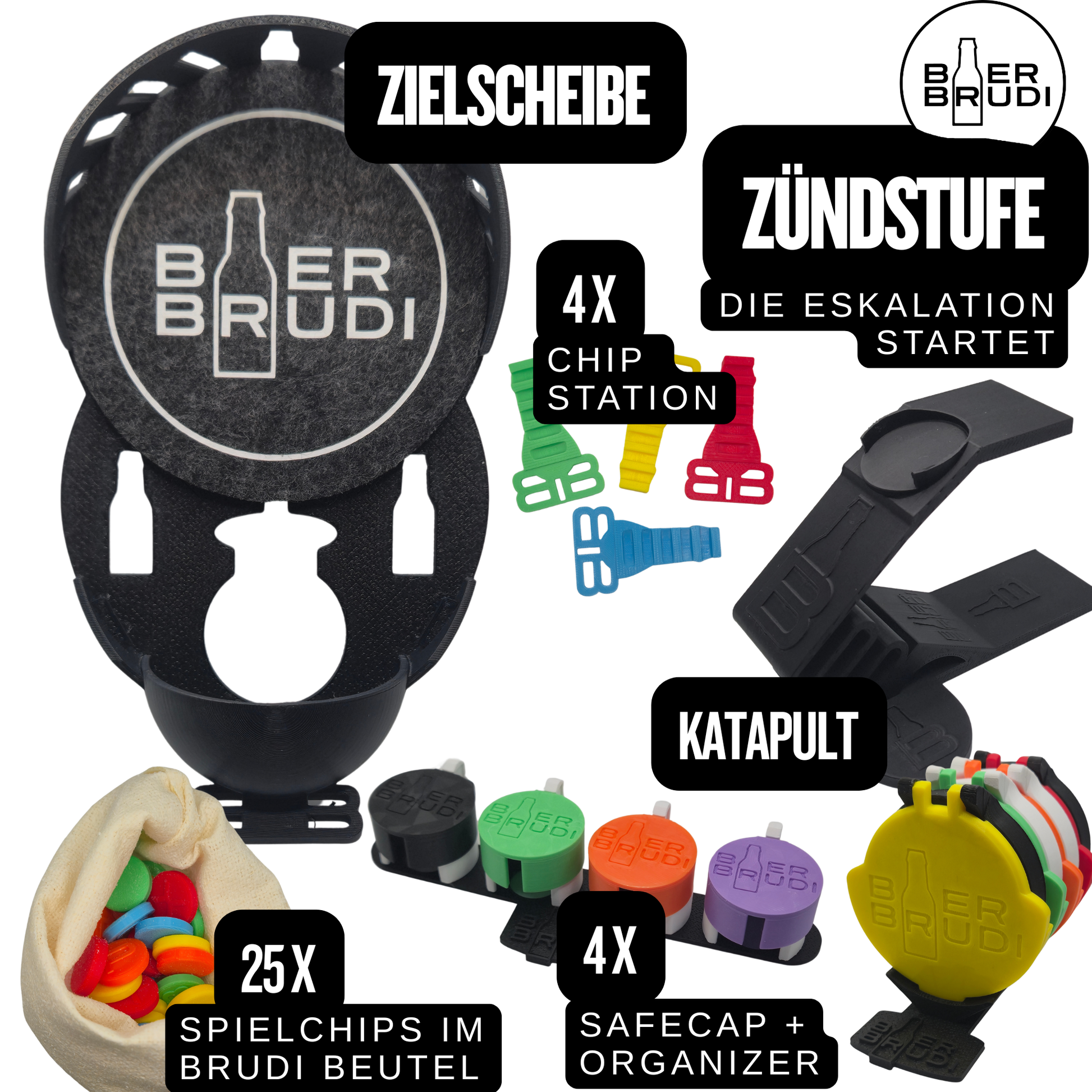 Bier Brudi Zündstufe Trinkspiel für 4 Personen mit SafeCaps, Katapult und Zielscheibe