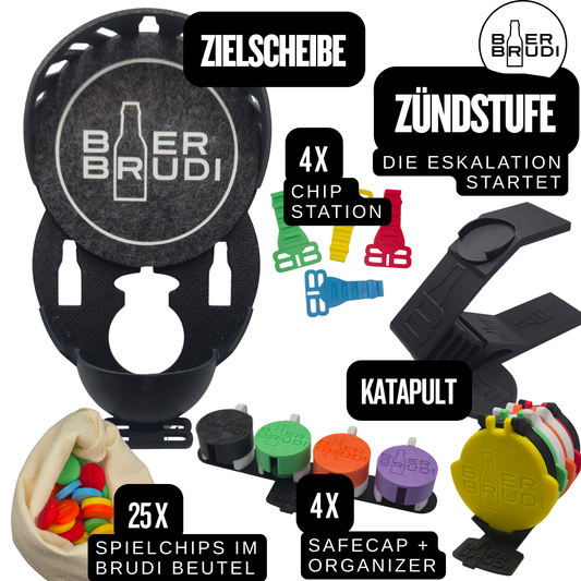 Bier Brudi Zündstufe Trinkspiel für 4 Personen mit SafeCaps, Katapult und Zielscheibe