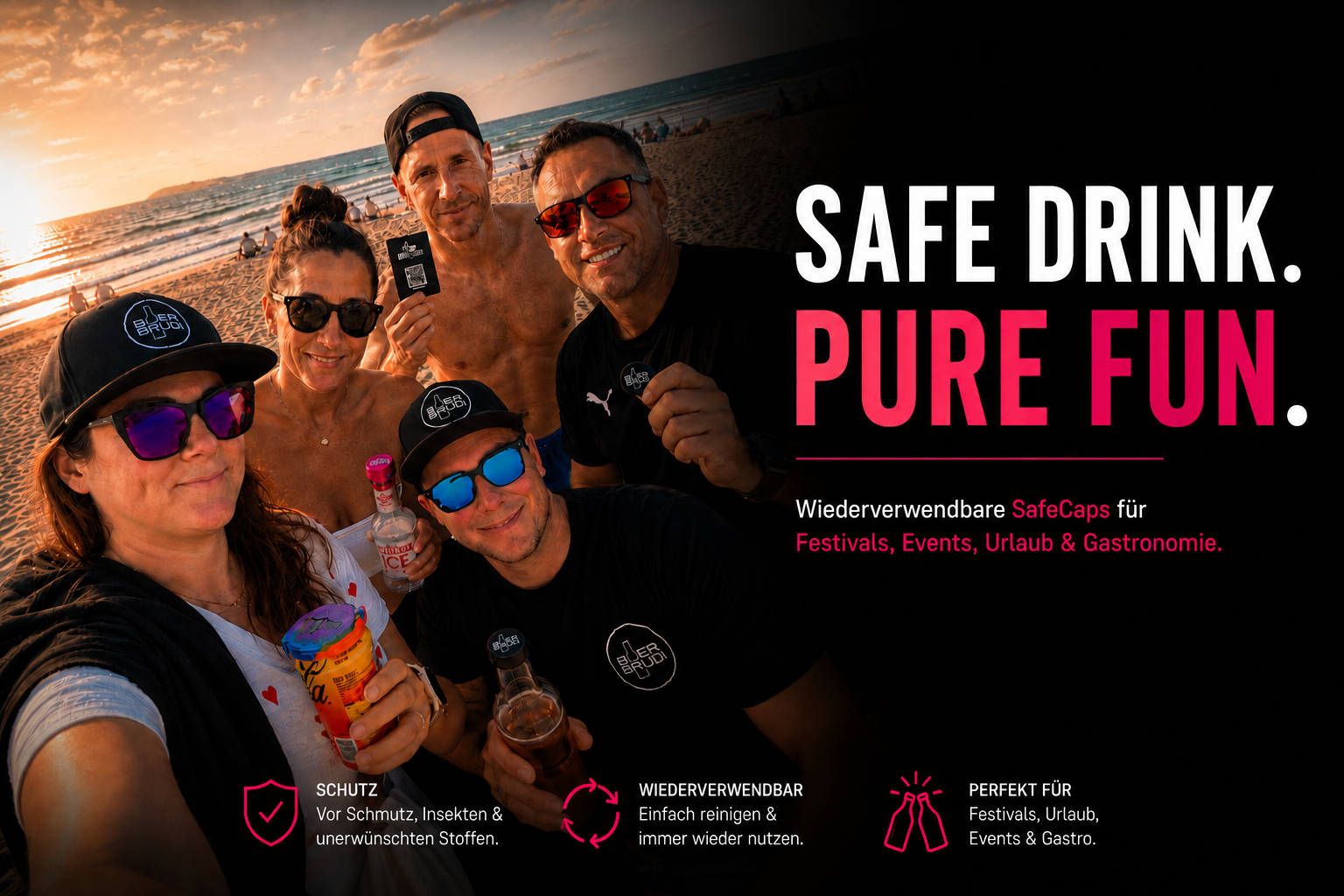 Bier Brudi SafeCap Getränkeschutz auf Mallorca am Strand