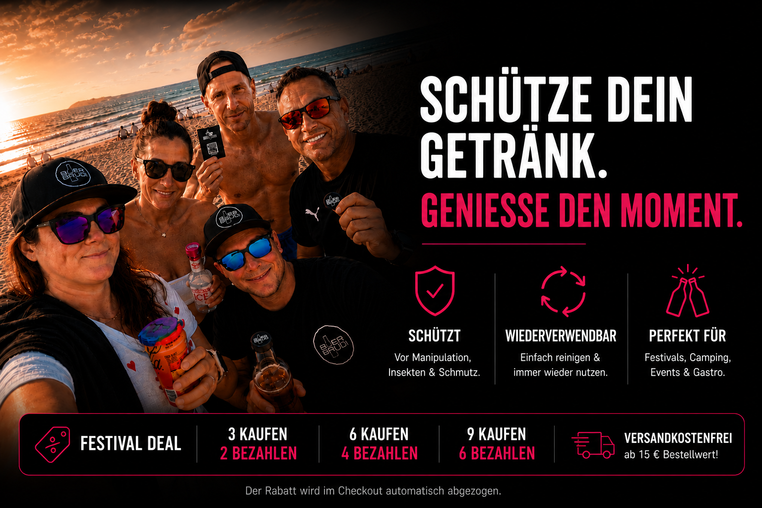 Schütze dein Getränk mit den Bier Brudi SafeCaps. Dein individueller Getränkeschutz.