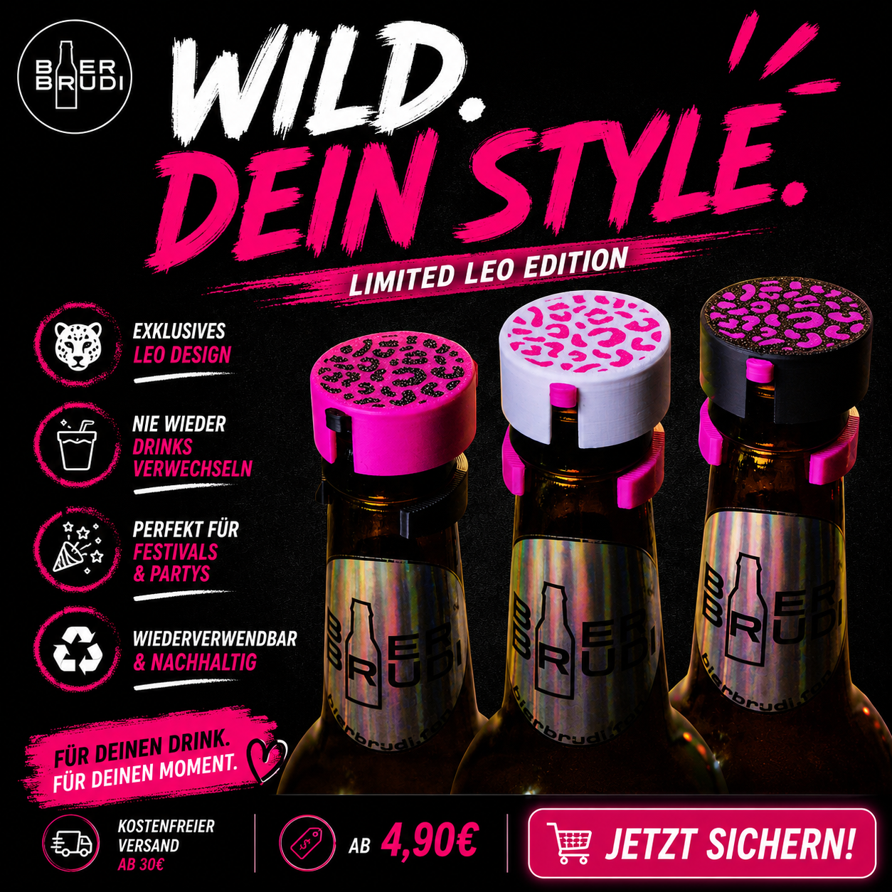 Designer Getränkeschutz für Flaschen von Bier Brudi. Leoparden Muster in verschiedenen Farben.