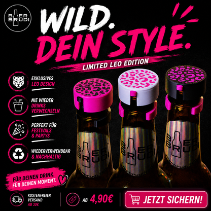 Designer Getränkeschutz für Flaschen von Bier Brudi. Leoparden Muster in verschiedenen Farben.