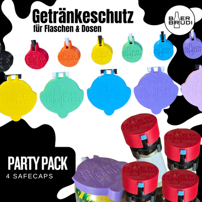Das SafeCap Party Pack. 4 x cooler bunter Getränkeschutz für Flaschen und Dosen.